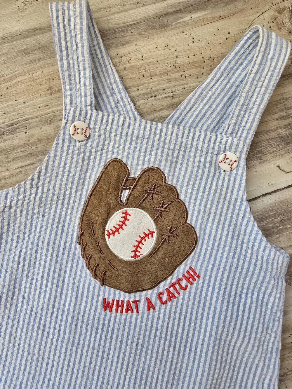 Baby Boys Blue Seersucker Baseball Shortalls with Graphic Tee